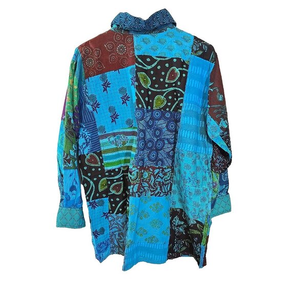 Turquoise Patchwork Unisex Boho Vintage Style Shirt button up front size L New - Picture 2 of 14